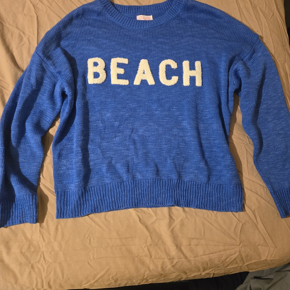 Pink Lily Blue 'BEACH' Crewneck Sweater with Cream Lettering